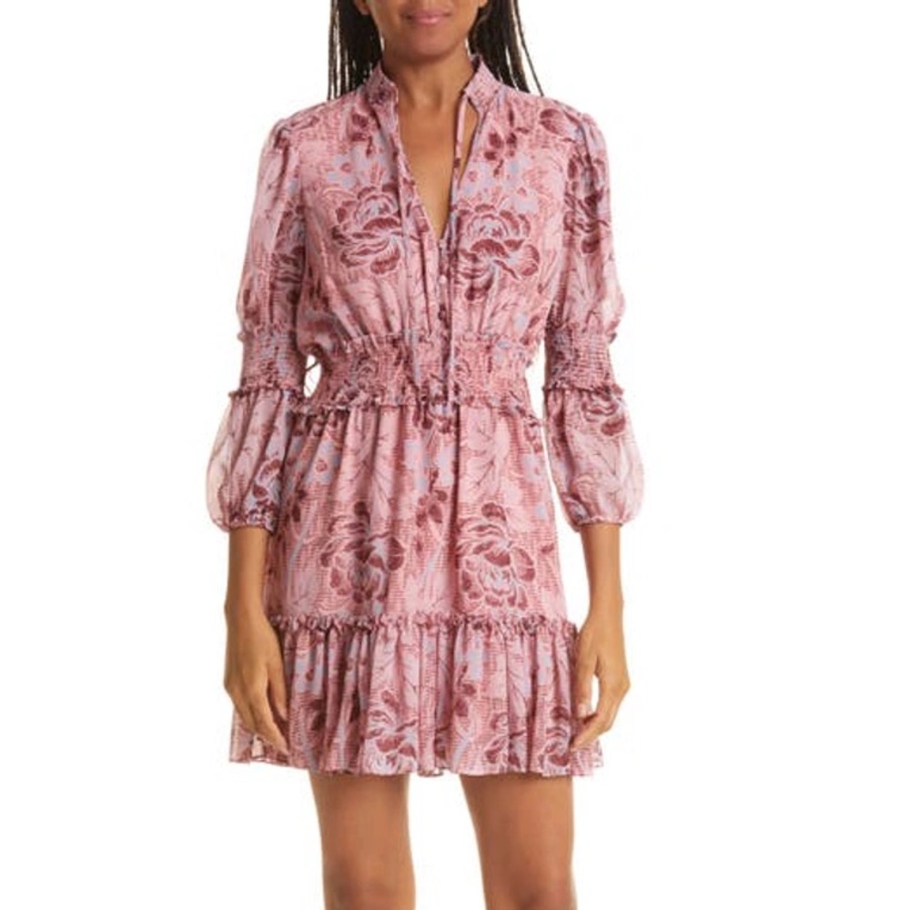 Likely Row Floral Print Smoked Fit & Flare Dress in Peony - Size 8